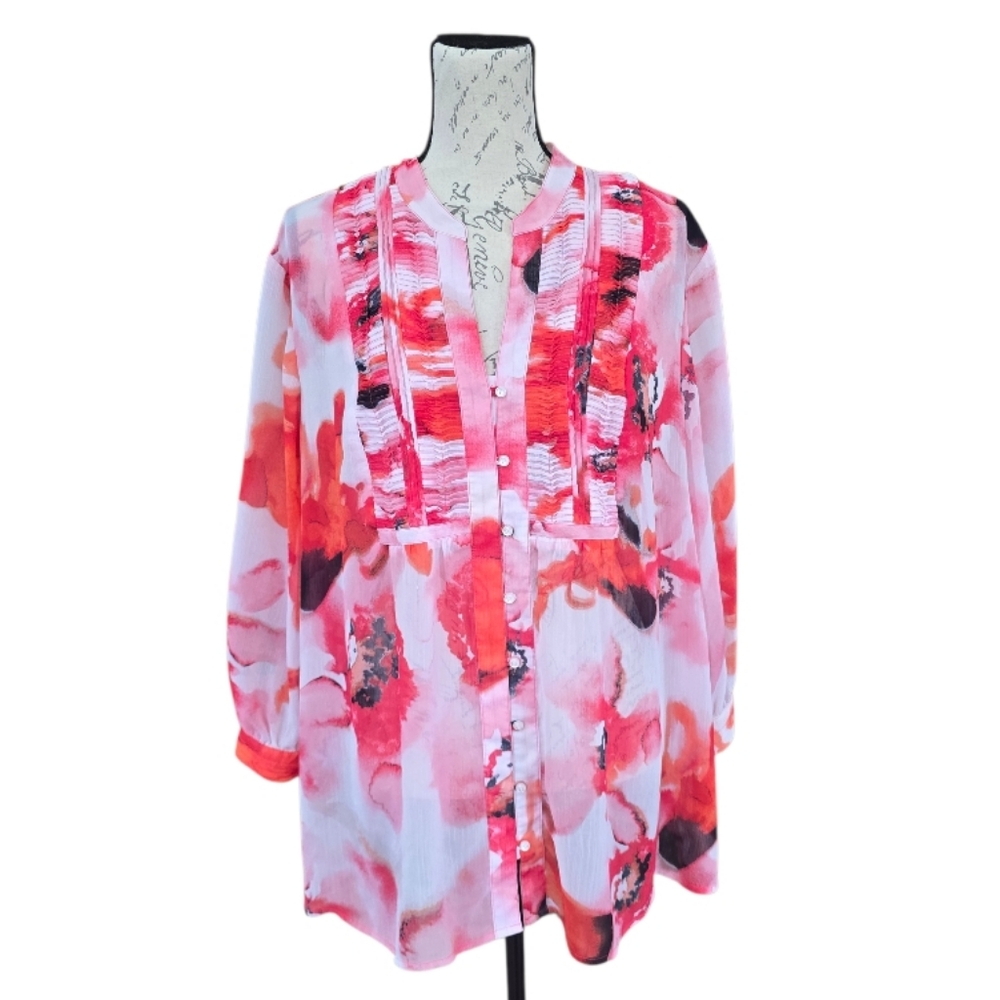 Jones New York Red White Floral Sheer Long Sleeve Blouse 2X